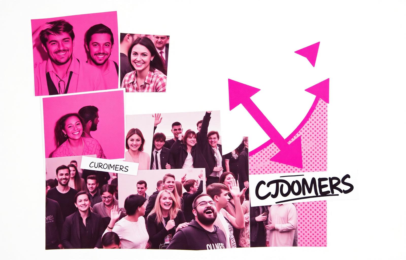 Customer growth — happy crowd and ascending arrows